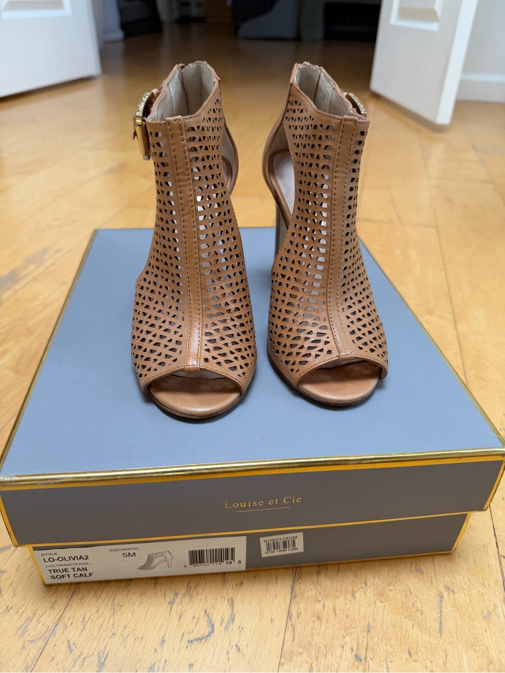 Louise et Cie Perforated Peep-Toe Ankle Heels in Tan